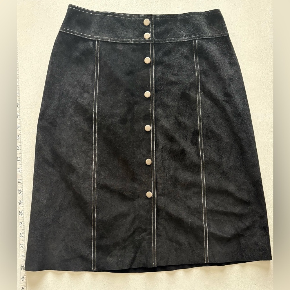 Size 10 Theory Black Leather Y2K Vintage Front‎ Button Midi Skirt